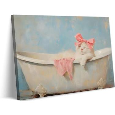 Imagem de Arte de parede em tela de gato fofo na banheira com laço rosa moderno gato branco decoração de parede imagens estéticas impressões para banheiro feminino decoração de banheiro banheiro 12 x 16