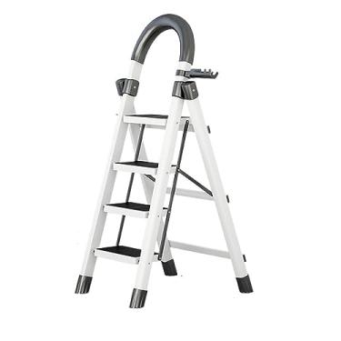 Imagem de Escada de aço leve, 4 degraus / 5 degraus dobrável pedal antiderrapante largo, com corrimão capacidade de 150 kg, escada portátil para escritório doméstico (cor: branco, tamanho: 4 degraus)