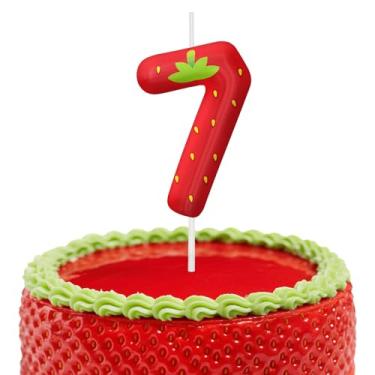 Imagem de Velas de aniversário de morango, decoração de topo de bolo de 6 cm, número 7 velas, decorações de aniversário, decorações de bolo de festa de aniversário, suprimentos de festa