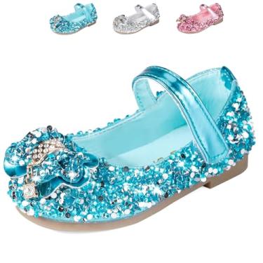 Imagem de MNSZCN Sapatos de princesa para meninas, com glitter, dança, festa, cosplay, sapatilhas, florista, vestido de casamento para crianças pequenas, Azul com laço, 9 Toddler