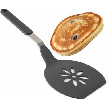 Imagem de Espátula de cozinha de nylon jumbo da Homi Styles | Lâmina larga com fenda antiaderente com design de corte floral – Ótimo para Pancake Flipper, Elevador de bolo e Transformador de ovos | Artigos de cozinha premium | 38 x 16,5 cm, Cinza
