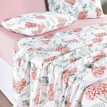 Imagem de Jogo Cama Lençol Maris Casal Padrão Percalle 200 Fios Estampado 4 Peças Hortênsia Salmão