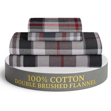 Imagem de Jogo de lençol de flanela 100% algodão 100% algodão FEATHER & STITCH New York – Quente – Supermacio – Roupa de cama respirável (king, xadrez vermelho)