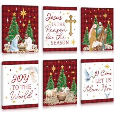 Imagem de TOARTi Conjunto de arte de parede de tela religiosa de Natal emoldurado com 6 peças (30,5 x 40,6 cm), gravuras de arte xadrez de búfalo, decoração de parede cristã da história de Jesus da Bíblia para