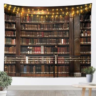 Imagem de jejeloiu Tapeçaria de livros grande 149.9 cm x 208.3 cm Vintage Library Bookshelf Wall Hanging Blanket Retro Wooden Bookshelf Wall Art for Living Room Decoration Library Brown