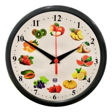 Imagem de Relógio de Parede Redondo Decorativo, Frutas, Branco com Moldura Preta, 25cm, para Cozinha e Área Gourmet