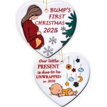 Imagem de Heart's Sign Enfeite de Natal 2 em 1 de cerâmica 2025 | Enfeite de bebê a caminho | Anúncio de gravidez de Natal 2025 | Presentes para mamãe