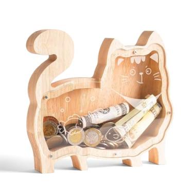 Imagem de Cofrinho de madeira para crianças, cofrinho para crianças, cofrinho inquebrável, cofrinho seguro, presente de batismo de aniversário para meninas, meninos, amantes de gatos, pequeno
