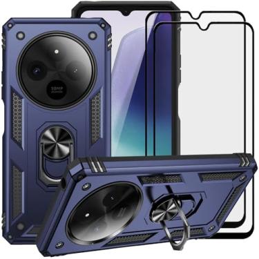 Imagem de LosruGir Capa para Xiaomi Redmi 14C com protetor de tela de vidro [2 unidades], híbrida, resistente, camada dupla, antiarranhões, à prova de choque, com suporte, capa de proteção, azul