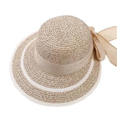 Imagem de Chapéu de sol feminino de aba larga grande com laço panamá para férias casual chapéu de palha 010 tamanho adulto