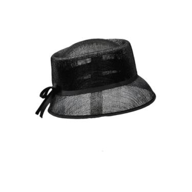Imagem de Chapéu de palha feminino de fio de cânhamo Fedoras decoração elegante chapéu de palha feminino côncavo telhado preto laço M 55-57 cm