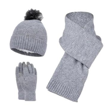 Imagem de Conjunto de gorro de lã de inverno para mulheres e homens, cachecol de lã engrossado, quente, de caxemira, gorros, cachecóis, luvas, cinza
