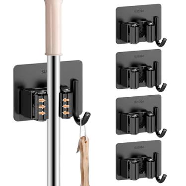 Imagem de Hizypaixin Suporte de parede para vassoura, esfregão e vassoura, suporte de parede com ganchos, suportes de vassoura de aço inoxidável, 4 peças para banheiro, lavanderia, preto