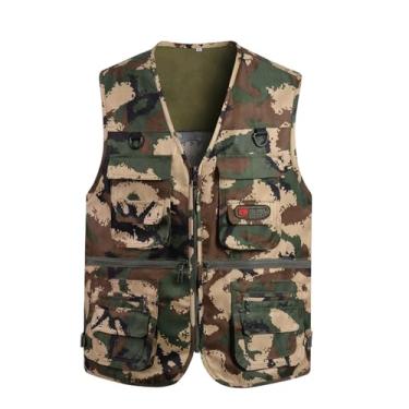 Imagem de Colete De Pesca Com Bolsos, Colete Homem Camuflado Com Gola V Multiusos Fecho Respirável E Sem Mangas Para Pesca, Casaco Casual Sem Mangas Campismo À Prova Vento Água, Fotográfico(C,XXL)
