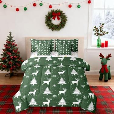 Imagem de Conjunto de edredom infantil de veado de Natal, solteiro, floco de neve, decoração de Natal rústica de casa de fazenda para meninas e meninos, verde e branco (elástico + lençol + 2 fronhas + 2 fronhas