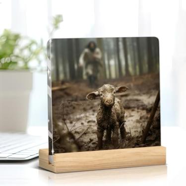 Imagem de Decoração acrílica Jesus e cordeiro, decoração de mesa para prateleira de casa cubículo prateleira de mesa escritório sala de estar quarto placa
