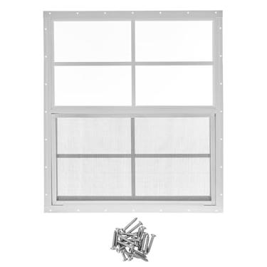 Imagem de Janela de galpão 61 cm x 68 cm, janelas deslizantes pequenas com moldura de liga de alumínio, janela de montagem embutida com vidro temperado e tela de fibra de vidro para galinheiro, uso doméstico