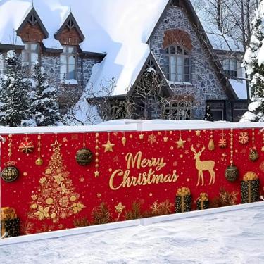 Imagem de HOMETITUTE Faixa de Feliz Natal 395 x 89 cm Grande Ouro Vermelho Faixa Externa com Ornamentos de Árvore de Natal de Rena e Caixas de Presente para Parede, Quintal, Jardim, Decoração de Festa
