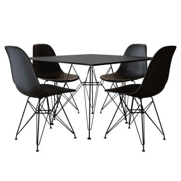 Imagem de Conjunto Jantar Eames De Ferro Preto E Tampo Quadrado Preto 90Cm 4 Cadeiras Pretas