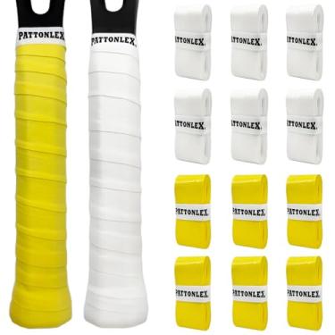 Imagem de PATTONLEX Punhos para raquete de tênis – Pacote com 12 fitas multicoloridas para tênis, badminton, squash, raquete esportiva – Absorve suor, antiderrapante, aderência durável (branco + amarelo)