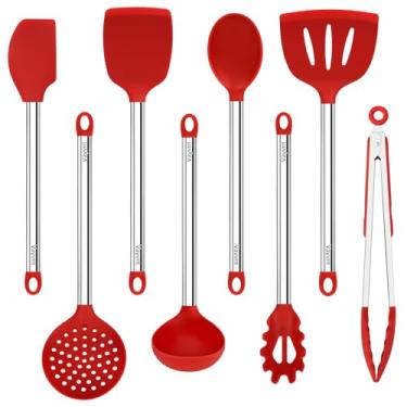 Imagem de 8 peças de utensílios de cozinha de silicone, conjunto grande de utensílios de cozinha Vayvnt para panelas antiaderentes, conjunto de espátula de silicone inclui colheres e pinças, itens essenciais de