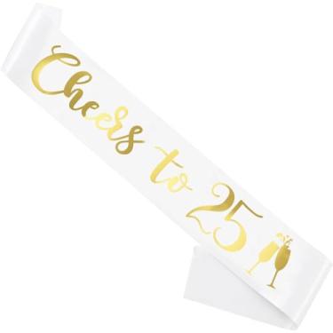 Imagem de Faixa de aniversário branca, "Cheers To 63.3 cm, faixa de aniversário para meninas, mulheres e homens, com letras douradas para lembrancinhas de festa engraçadas, ouro branco 25