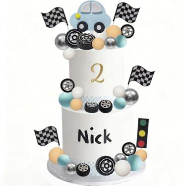 Imagem de 48PCS Car Cake Decorations Race Cake Toppers Racing Wheel Tyre Cake Decorations Checkered Flag for Racing Theme Birthday Party Supplies