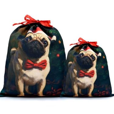 Imagem de Mshutbna Sacos de presente de Natal Pug 2 peças sacos de embrulho de tecido reutilizável com cordão para presentes de Natal, decorações de festa, lembrancinhas de feriado 40,6 x 30,5 x 25,4 cm