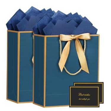 Imagem de YoungTree Saco de presente, 2 sacos de presente grandes com fita e 2 cartões comemorativos, 4 papéis de lenço, bolsa de presente de papel portátil com alças, sacolas de presente de aniversário