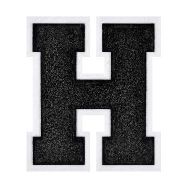 Imagem de 1 peça de patch de letra de chenille preto de 11,4 cm com borda branca – Remendos do alfabeto para roupas, jaquetas, mochilas, chapéus para decoração personalizada, nome personalizado e artesanato. (H