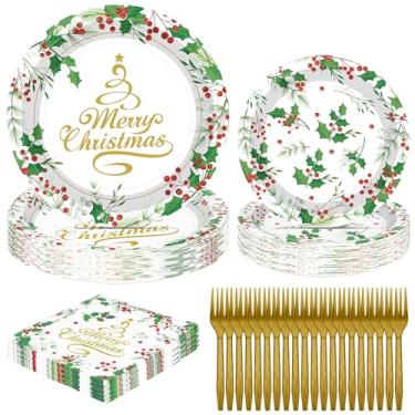 Imagem de QZYL 96 peças de decorações de festa de Natal, pratos descartáveis de papel de feliz Natal de 22,8 cm e 17,8 cm, pratos e guardanapos de Natal em ouro verde, conjunto de utensílios de jantar de Natal