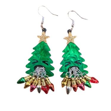 Imagem de Brincos pendentes de árvore de Natal festivos, acrílico verde com estrela dourada e mini pingentes de lâmpada, joias de festa de fim de ano