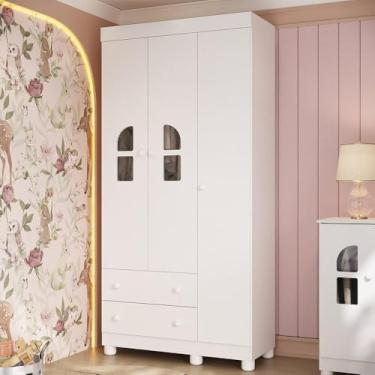 Imagem de Guarda-roupa Infantil 92cm com Vidro 3 Portas e 2 Gavetas Nina Multimóveis Mp4503 Branco
