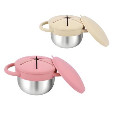 Imagem de Copos de lanche infantis com tampa à prova de derramamento, recipientes de lanche de aço inoxidável para bebês, 2 pacotes de apanhadores de lanche (rosa e marrom arenoso)