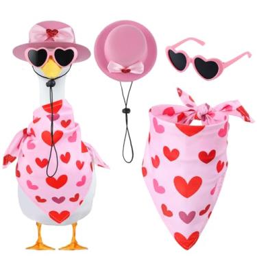 Imagem de TAKEALOOKO Roupa de ganso para varanda de dia dos namorados - 3 peças de acessórios de óculos de chapéu de coração rosa para estátua de gansos de cimento ou plástico de 58 cm, decoração externa de