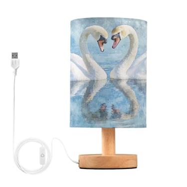 Imagem de Joisal Luminária de leitura de mesa de cabeceira azul Swan Love, luminária de mesa pequena com abajur lateral de mesa de linho, itens essenciais para dormitório