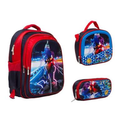 Imagem de Kit Bolsa Mochila Escolar Masculina Sonic 3 Pçs Passeio - TOYS 2U