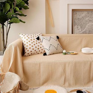 Imagem de sufacto Capa de sofá para sofá de 3 almofadas, capa de sofá seccional lavável, capa de futon jacquard geométrica para cães, capas decorativas de sofá com borlas, GG, 231 x 340 cm, linha cáqui