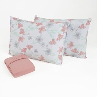 Imagem de Jogo de Cama Queen 3 Peças Malha 100% Algodão Lençol com Elástico Fronhas Estampadas Toque Macio(Romance rose)
