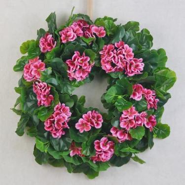 Imagem de Guirlanda de gerânio de primavera para porta da frente – flores de seda rosa de 61 cm com folhas verdes – decoração interna e externa durante todo o ano para casa, casamentos ou festas (rosa, grande)