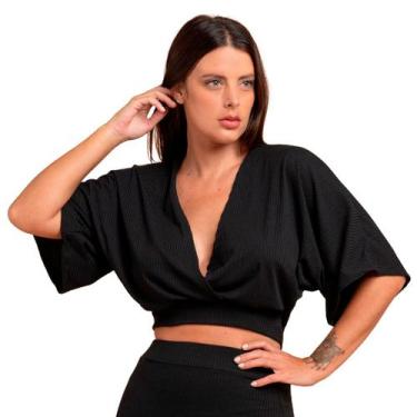 Imagem de Blusa Manga Morcego Cropped Feminino Decote V Canelada Soltinha Manga 