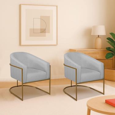 Imagem de Kit 2 Poltronas Decorativa Jade Moderno Escritório Confortável Luxo Base De Ferro Dourado Bouclé Cor Cinza