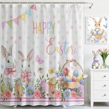 Imagem de Mocsicka Cortina de chuveiro Happy Easter Cute Bunny Rabbits Colorida Floral Páscoa Tecido Impermeável Cortina de Chuveiro Decoração de Banheira com 12 Ganchos 182 X 182 cm