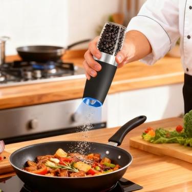 Imagem de Moedor elétrico de sal e pimenta, conjunto automático de moedor de sal e pimenta, rugosidade ajustável, alimentado por bateria, luz LED, preto