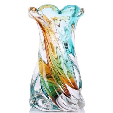 Imagem de Vaso de escultura de vidro soprado à mão, grande abertura pesada em forma de redemoinho/gota, vaso de flores de vidro estilo murano para realce doméstico, decoração moderna de quarto âmbar