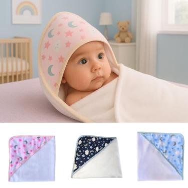 Imagem de Toalha de Banho com Capuz para Bebê, Estampa Céu, 70x70cm, Forro Fralda 100% Algodão, Absorvente, Hipoalergênica e Macia (Azul)