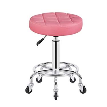 Imagem de Banco de barra de aço cromado de altura ajustável almofada redonda 33 cm, banquinho giratório de salão com 5 rodas, bancos para sala de aula (rosa)