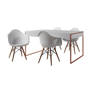 Imagem de Mesa Jantar Industrial Branca 137X90Cm Base Cobre Com 4 Poltronas Brancas Ma Cor: Branco