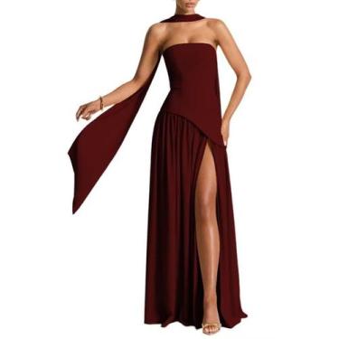 Imagem de Vestido de dama de honra PUXIU Silk Burgundy A-line até o chão