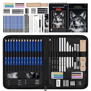 Imagem de Kit com 50 peças para desenho Prina Caderno de desenho de 3 cores, lápis de grafite e carvão, kit profissional para artistas, adultos, adolescentes e crianças, ideal para sombreamento, mistura